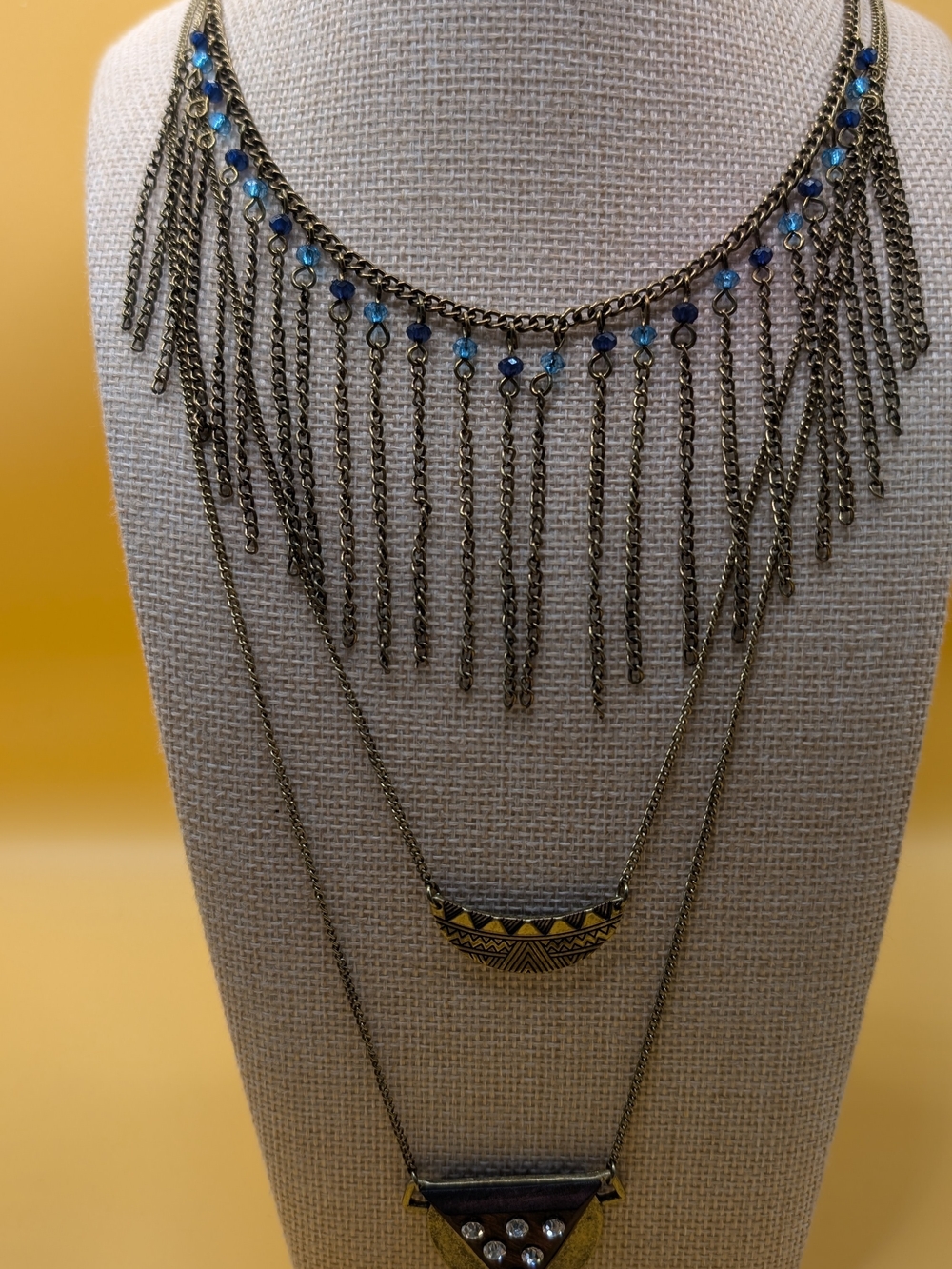 Lot of 2 Fashion Boho Necklaces - Brass Chain Fringe & Layered Geometric